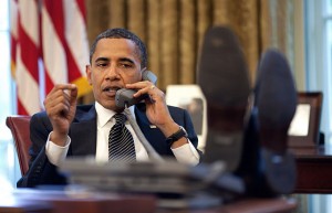 Barack Obama on phone with Benjamin Netanyahu 2009-06-08; Credit Peter Souza