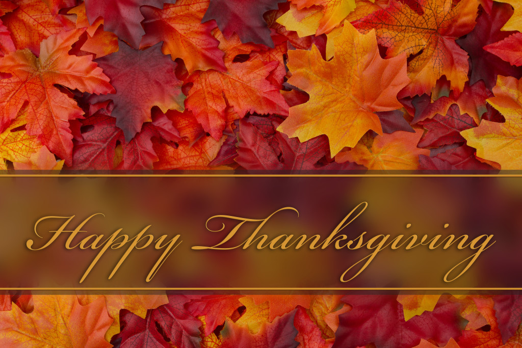 Happy Thanksgiving Greeting, Fall Leaves Background and text Happy Thanksgiving