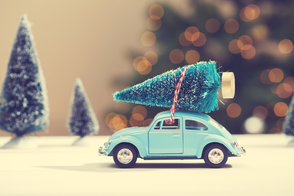 Car carrying a Christmas tree in a miniature evergreen forest